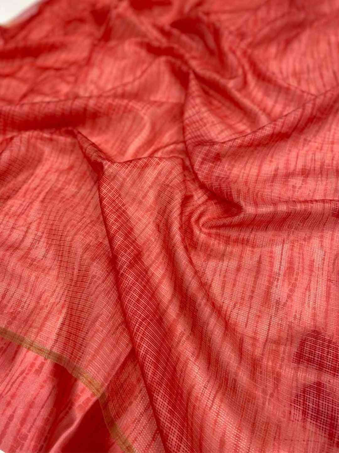 Red fabric detail of satin Kota Doriya saree