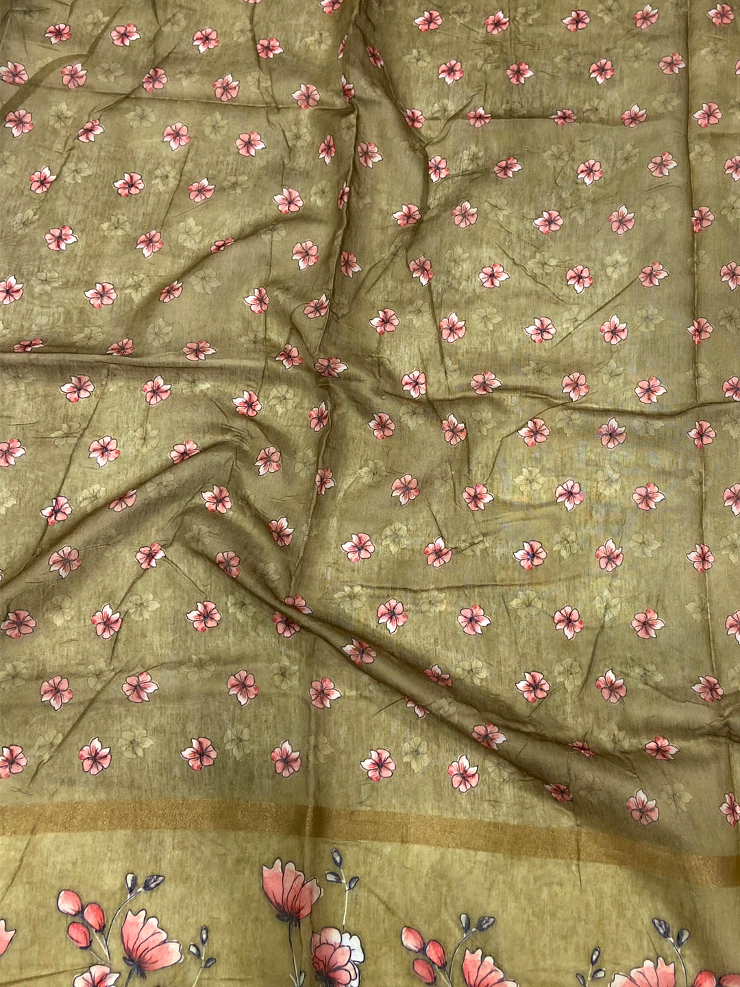 Olive Linen Chanderi Floral Print Saree