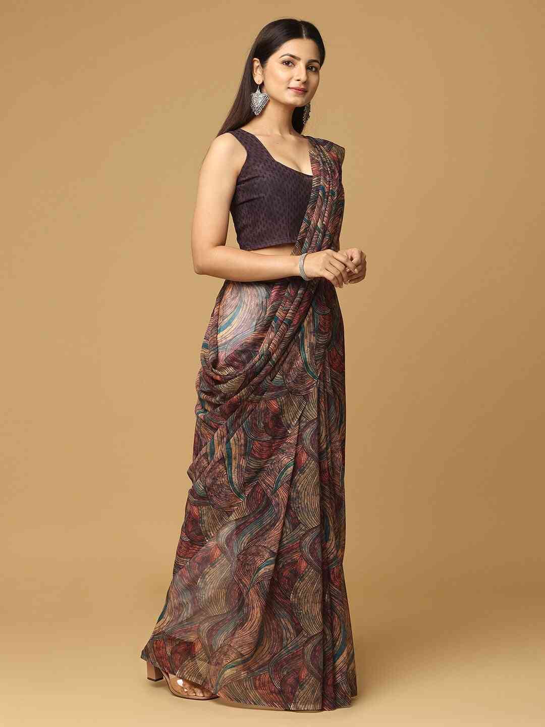  Geometric Printed Coffee Brown Poly Georgette Saree