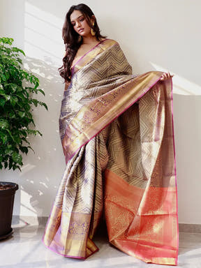 Elegant gold zari Kanjivaaram pattu silk saree draped gracefully.