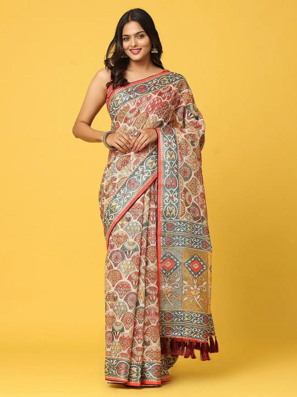 Soft Linen Kalamkari Block Print  With Sequin Border 