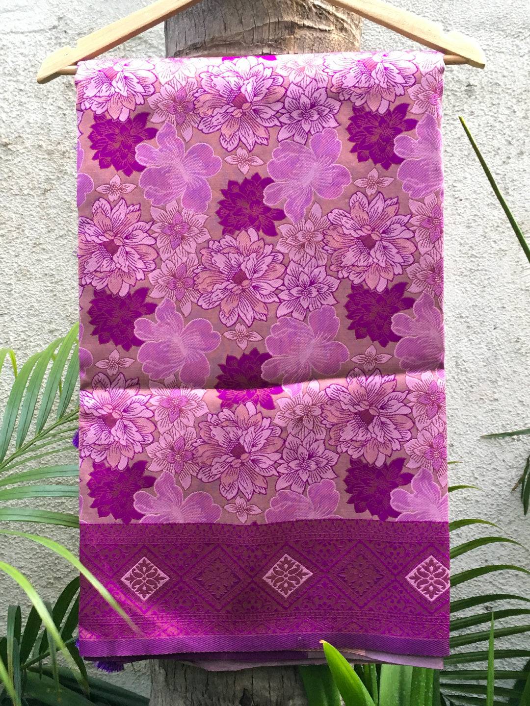 Lavender soft silk butta weaving saree on hanger