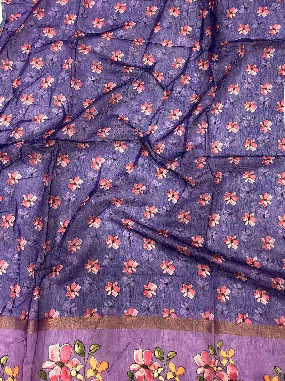 Sky Blue Linen Chanderi Floral Print Saree