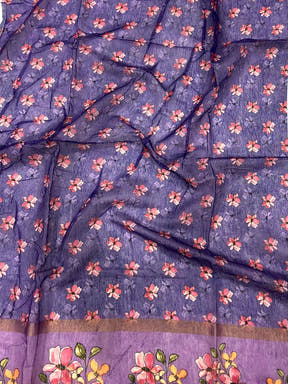 Sky Blue Linen Chanderi Floral Print Saree