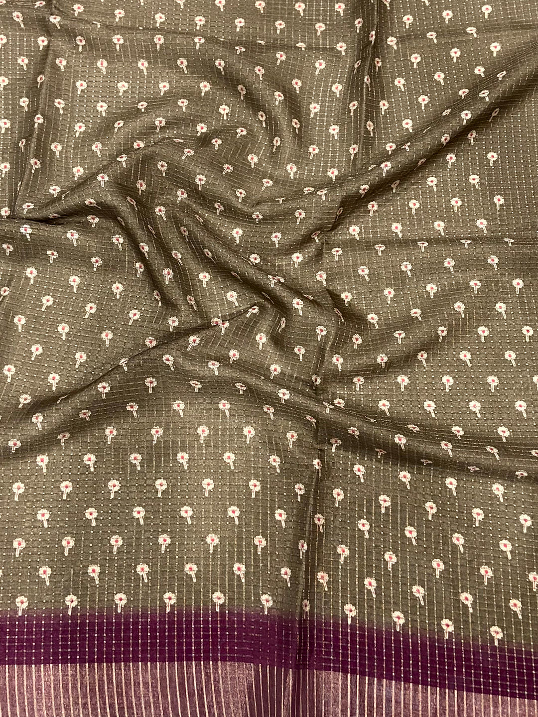 Brown Chanderi Check Sparrow Print Saree