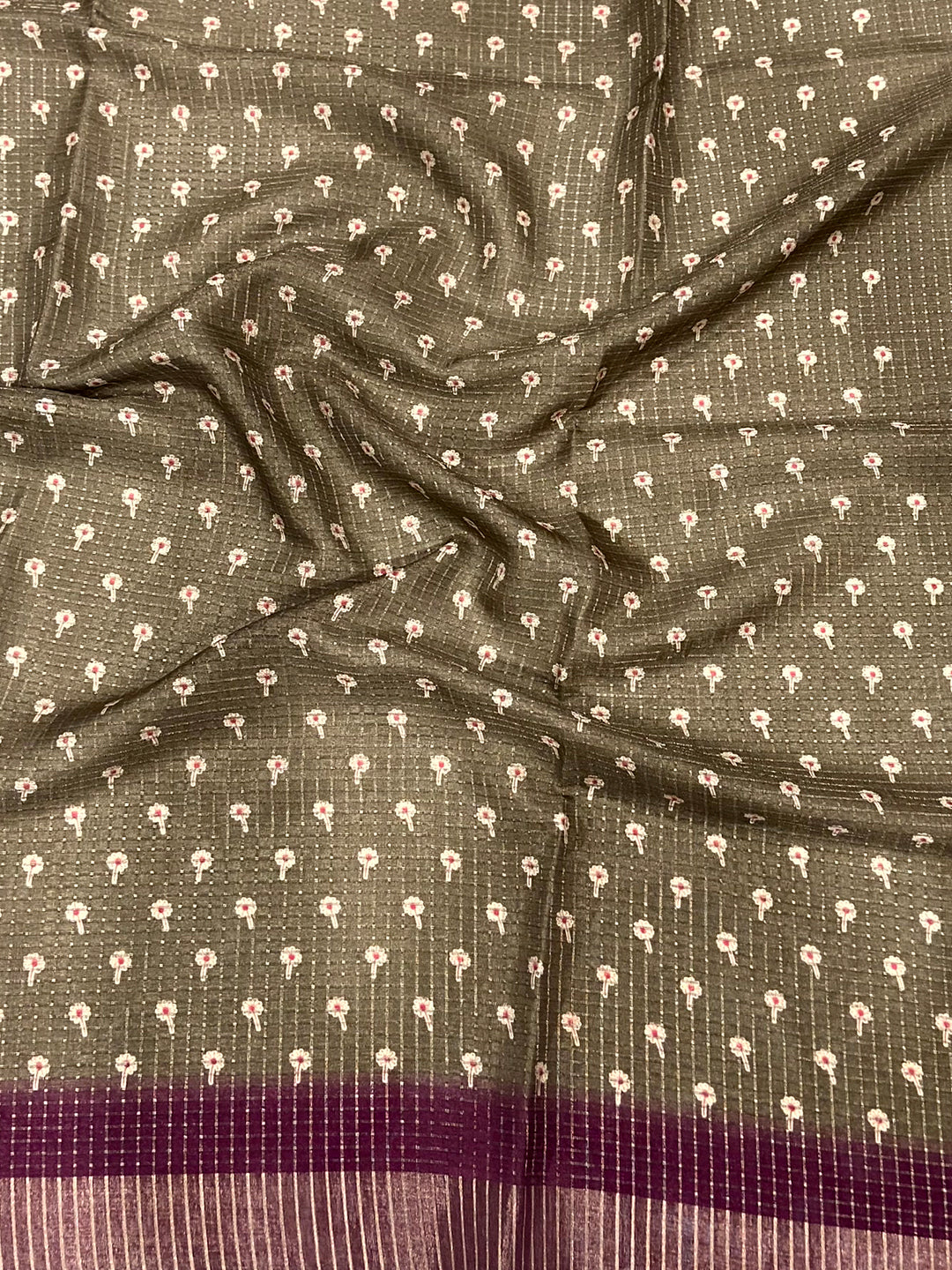 Brown Chanderi Check Sparrow Print Saree