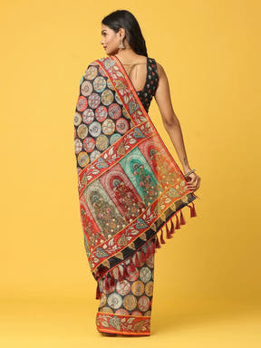 Soft Linen Kalamkari Block Print  With Sequin Border 