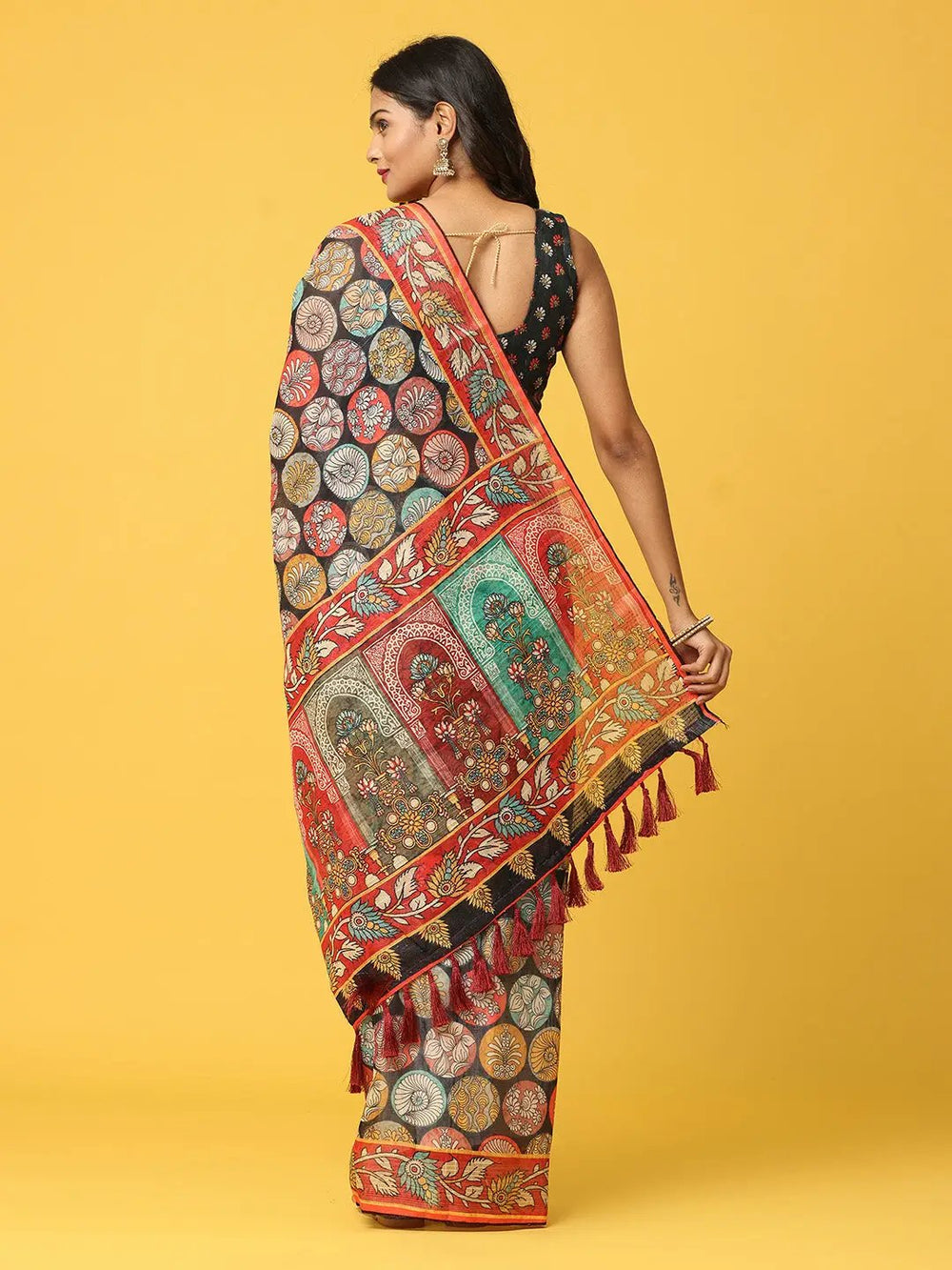 Soft Linen Kalamkari Block Print  With Sequin Border 