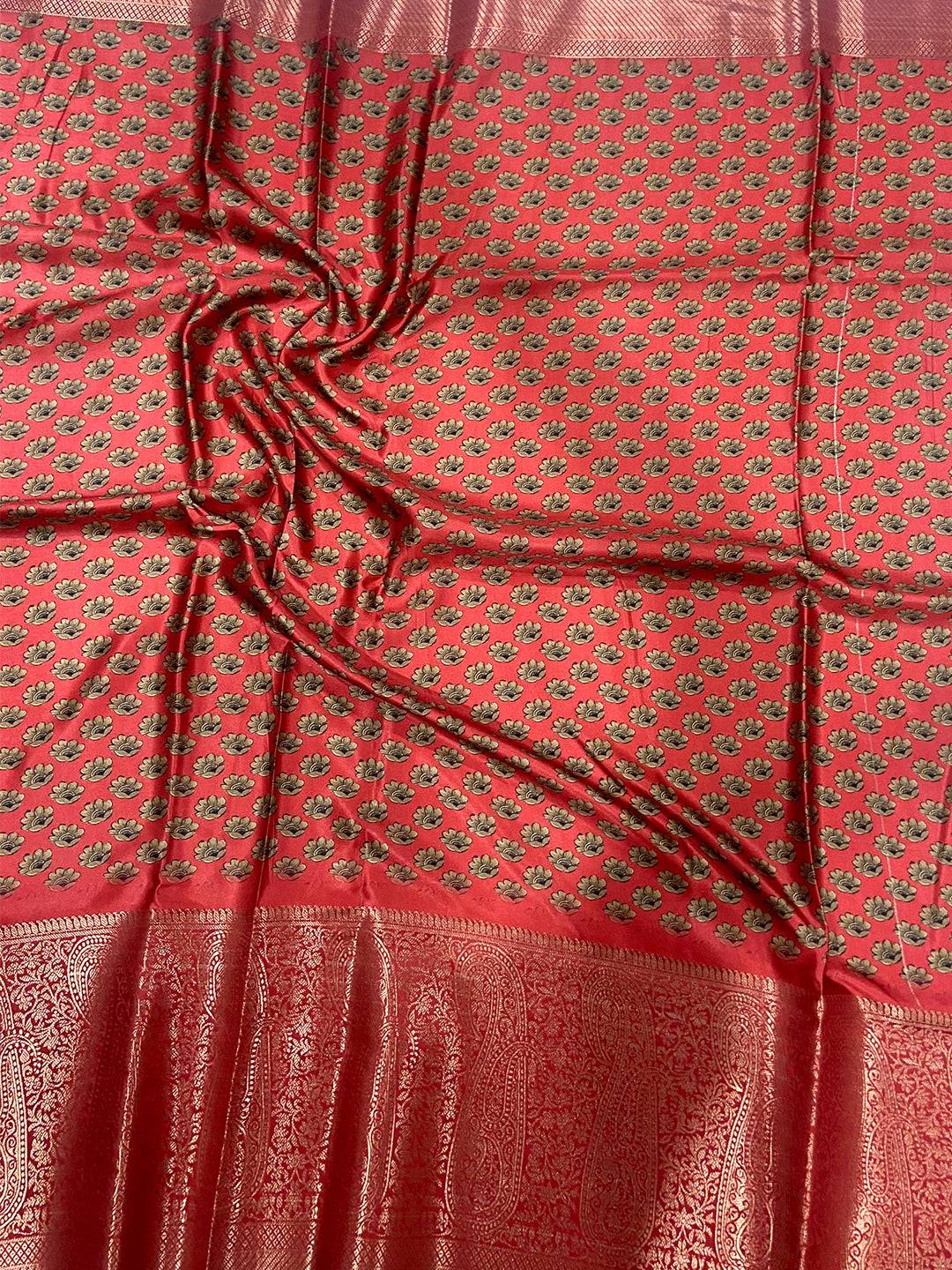Cream Cherry Satin Kalamkari Saree