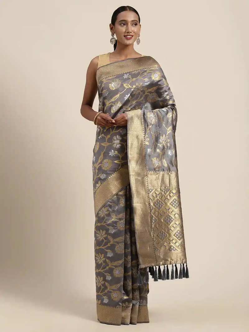 Banarasi Grey Colour Woven Design Saree With Zari Border