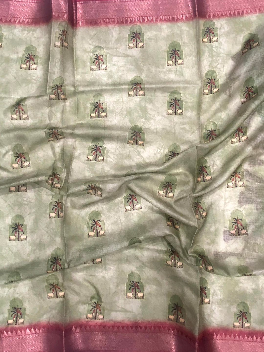 Olive Soft Silk Tissue Pichwai Print Saree