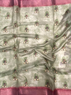 Olive Soft Silk Tissue Pichwai Print Saree