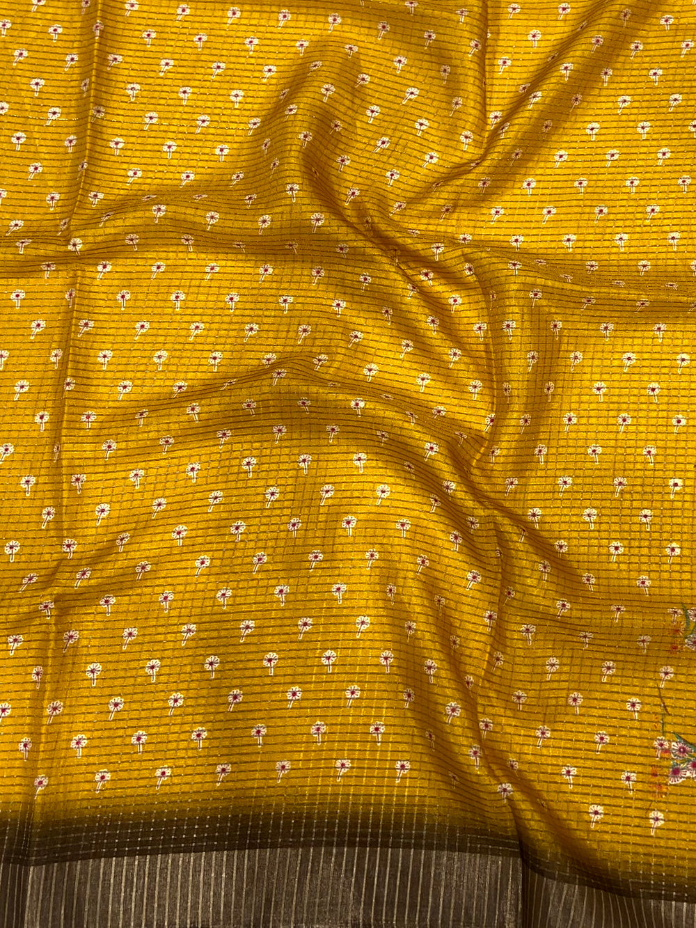 Yellow Chanderi Check Sparrow Print Saree