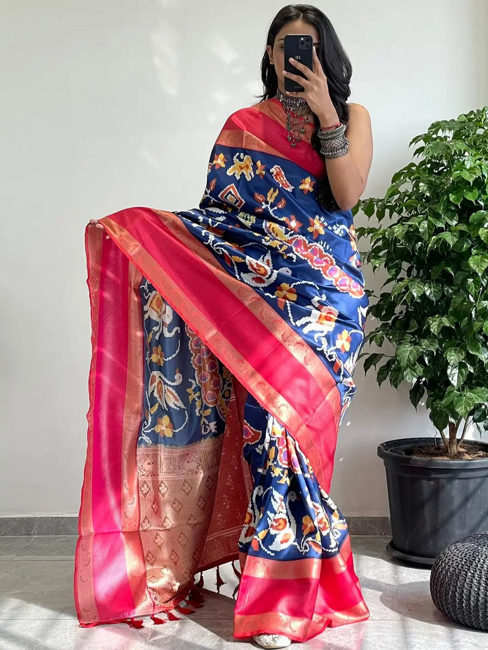 Vibrant Soft Silk Saree with Pochampally Print and Border