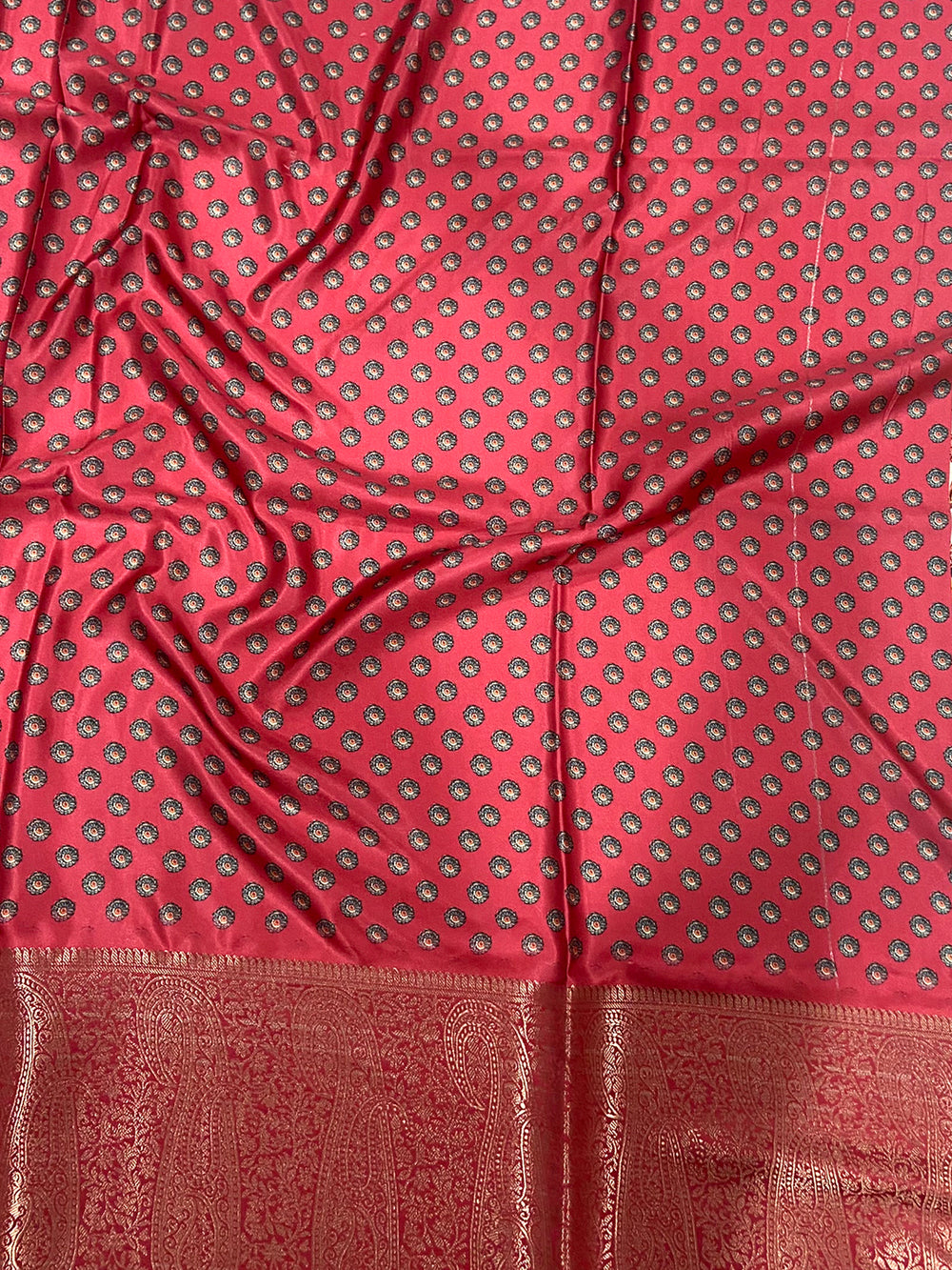 Ivory Cherry Satin Kalamkari Saree