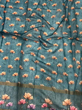 Teal Blue Linen Chanderi Floral Print Saree