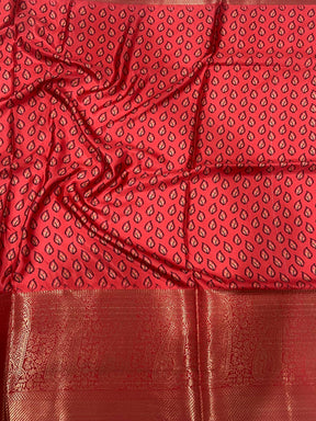 Dark Peach Cherry Satin Kalamkari Saree