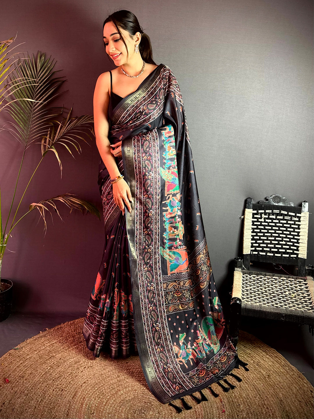 Coffee Kashmiri Kalamkari Soft Silk Saree