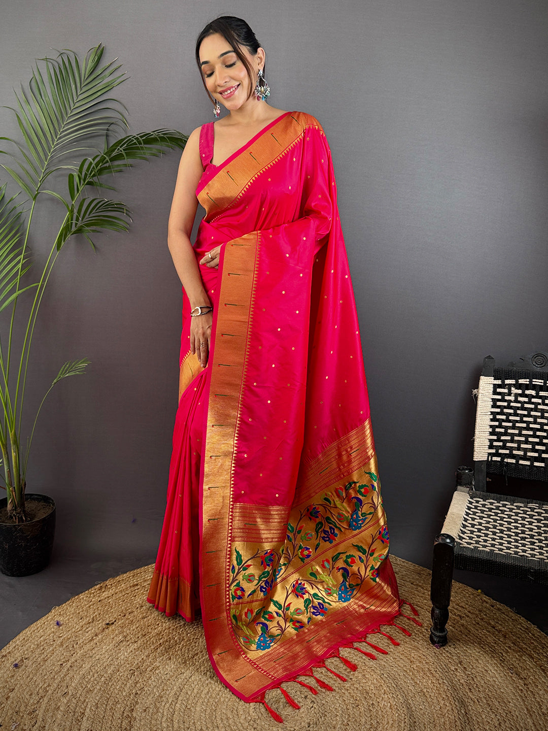 Rani Pink Yeola Paithani Soft Silk Saree With Maggam Blouse