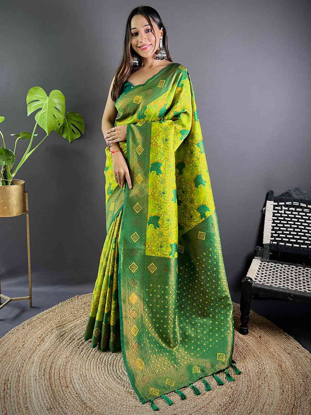 Model wearing Sage Green Soft Silk Butta Weaving Saree