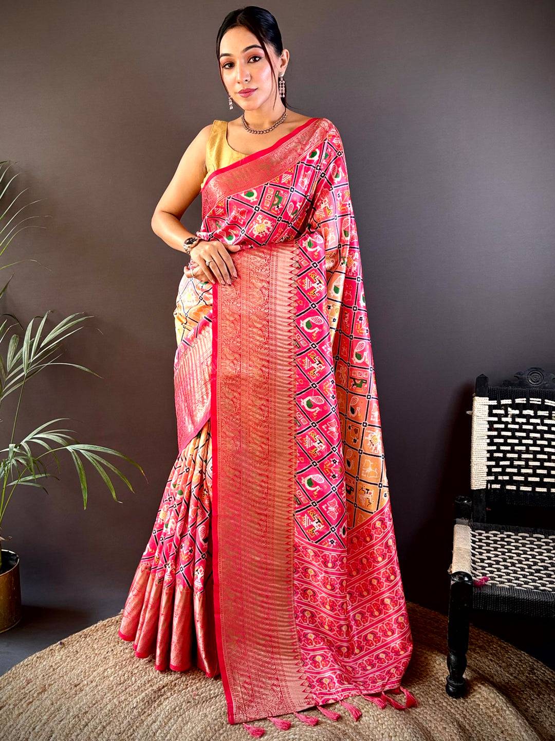 Elegant Ombre Peach Soft Silk Saree showcasing Patola prints