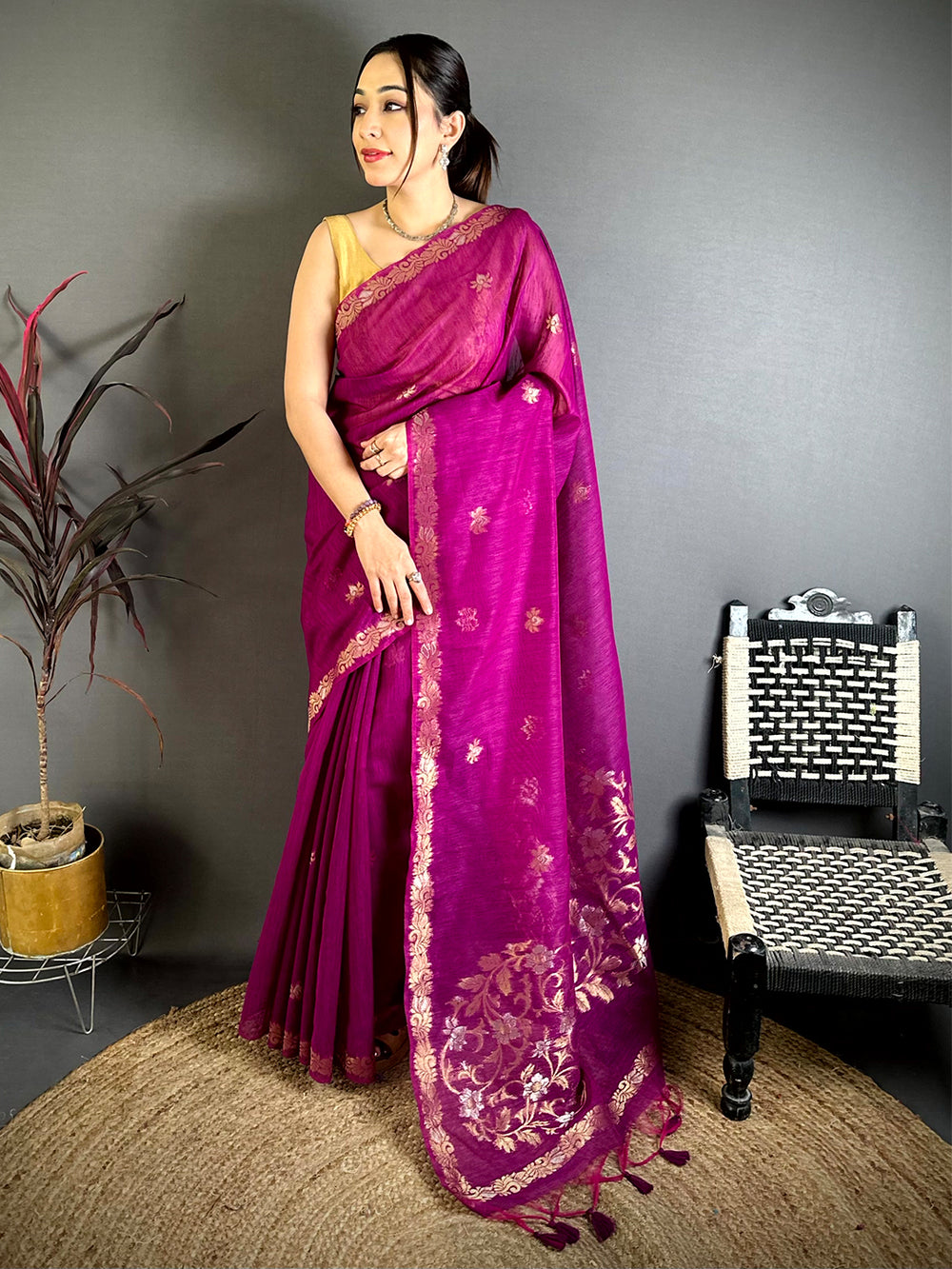 Wine Sona Chandi Muga Cotton Saree