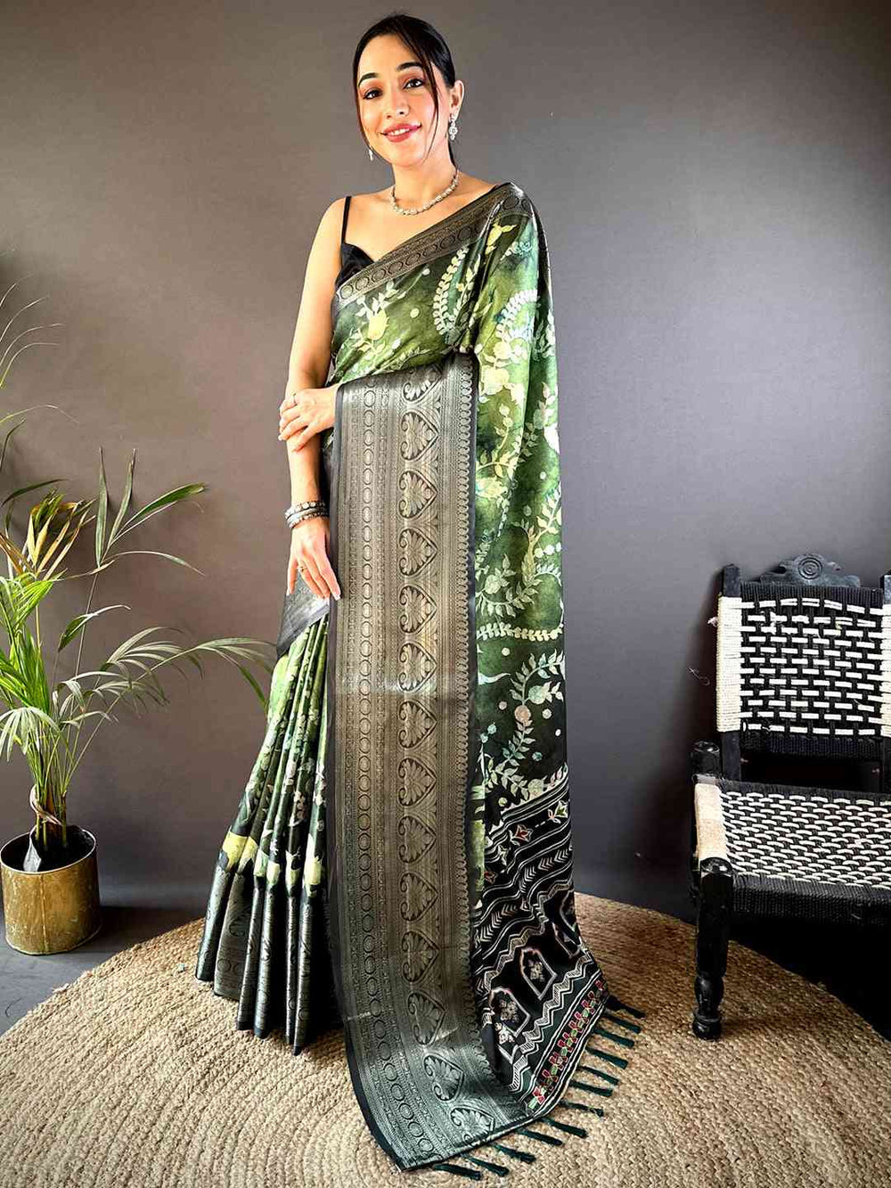Green Floral Animal Batik Soft Silk Saree