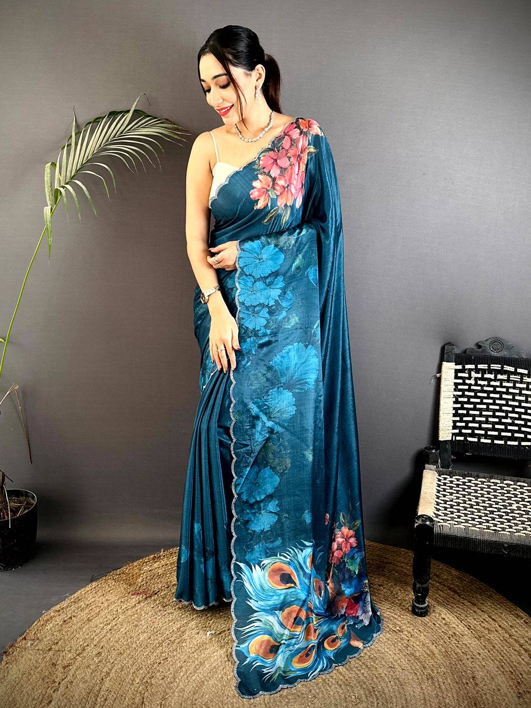 Teal Chinnon Stone Work Floral Saree
