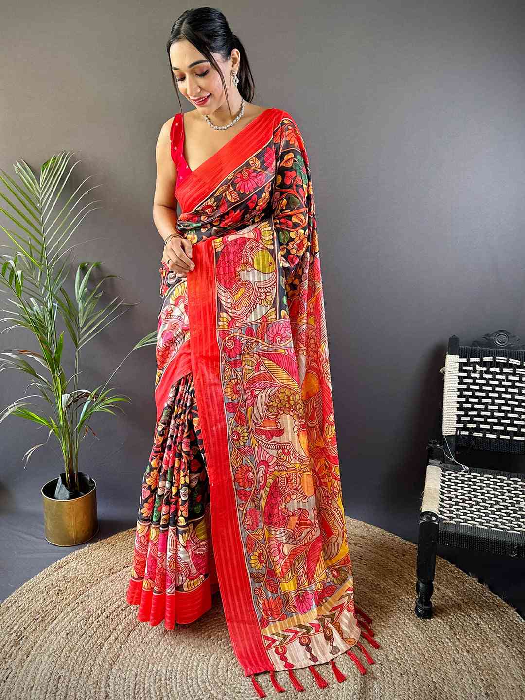 Full view of Raven Black Pen Kalamkari Linen Saree