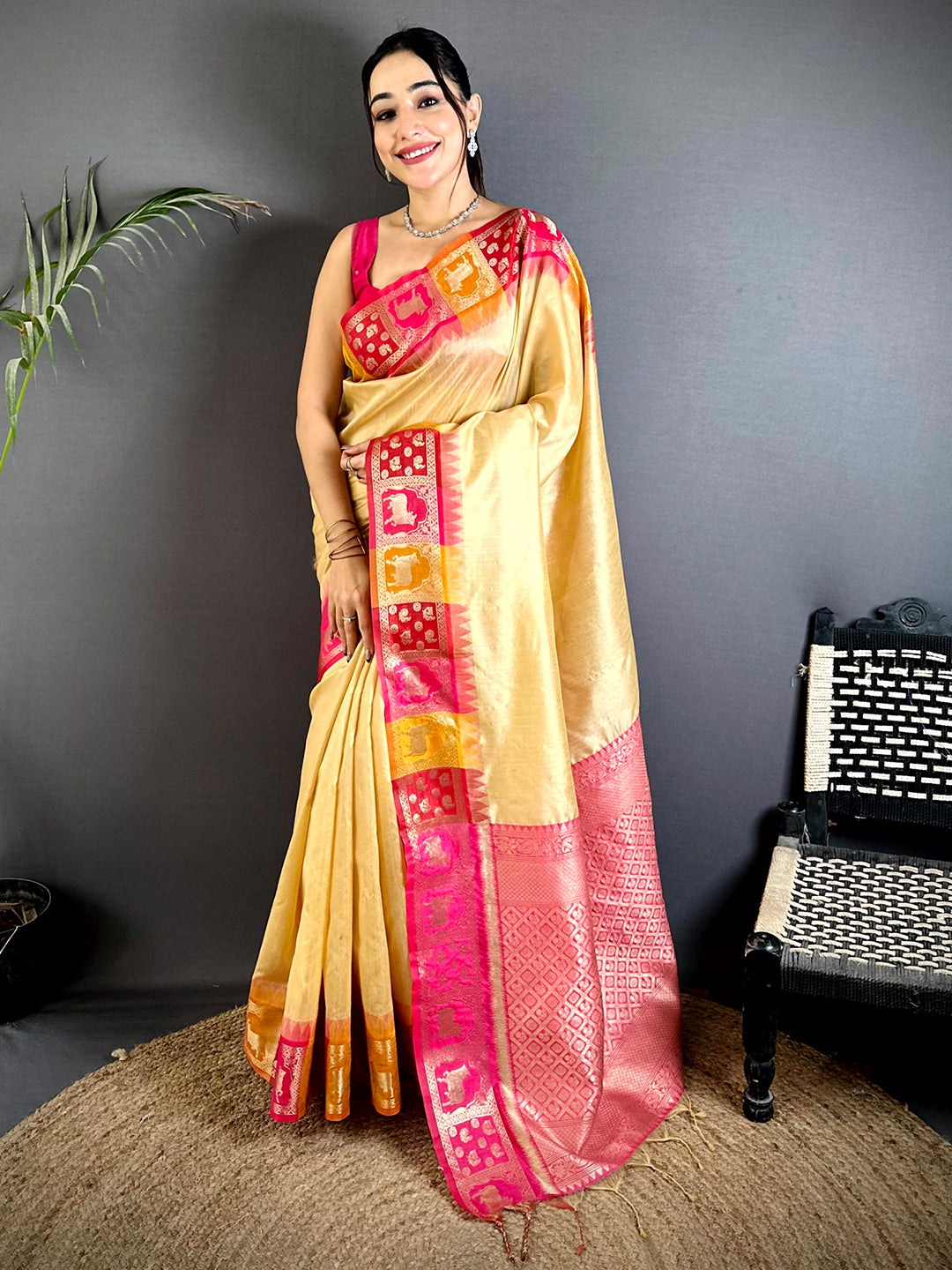Cream Minakari Kanchi Pattu Raw Silk Saree