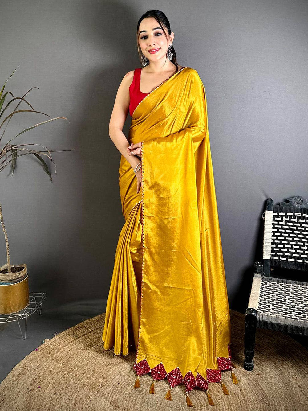 Gold Vichitra Real Mirror Work Tassel Saree