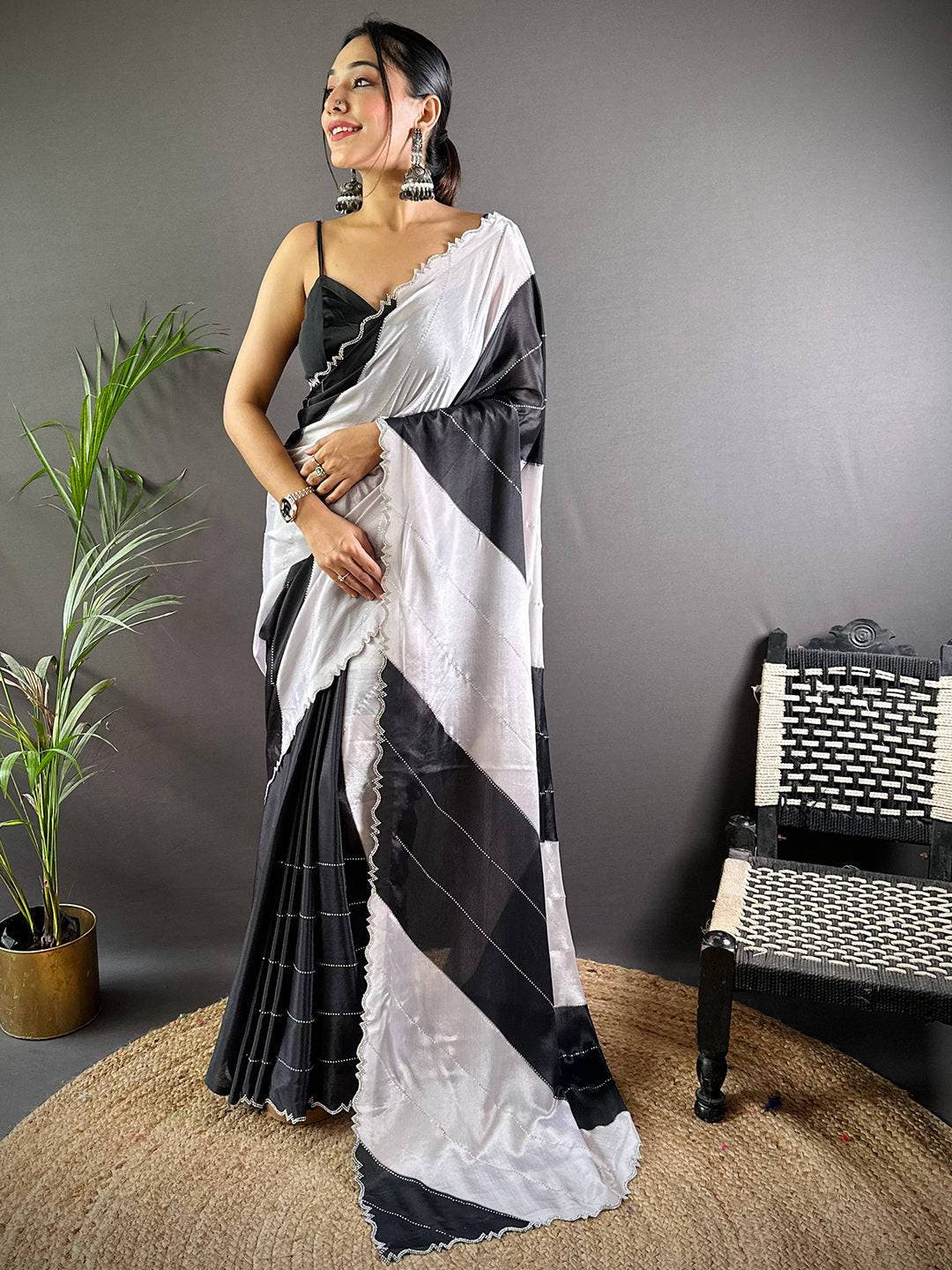 Black And White Poly Chiffon Stone Work Saree

