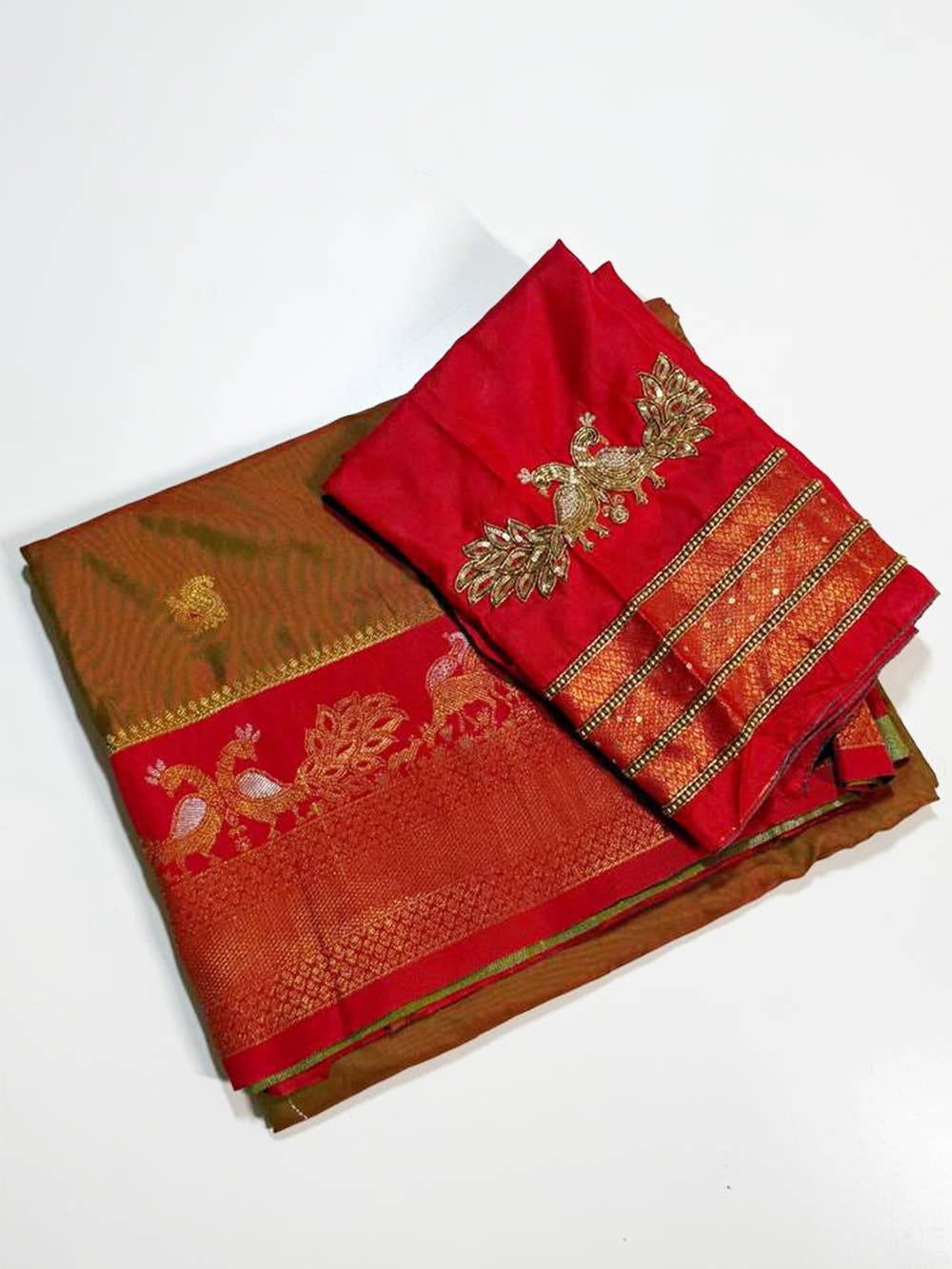 Brown Soft Silk Kanjivaram Saree With Maggam Blouse