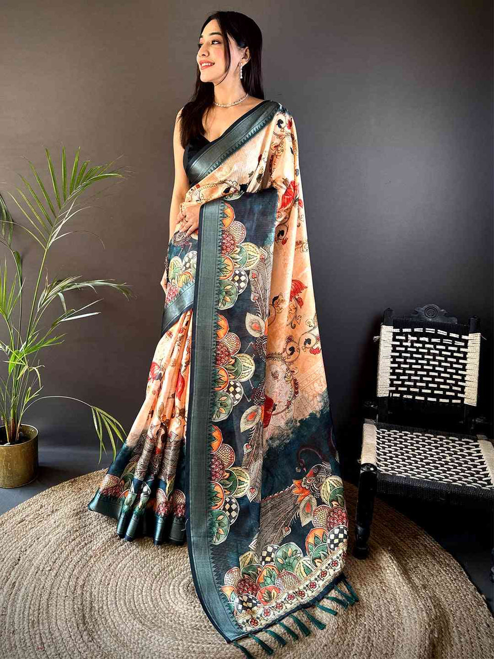 Peach Kota Doriya Zari Weave Digital Print Saree