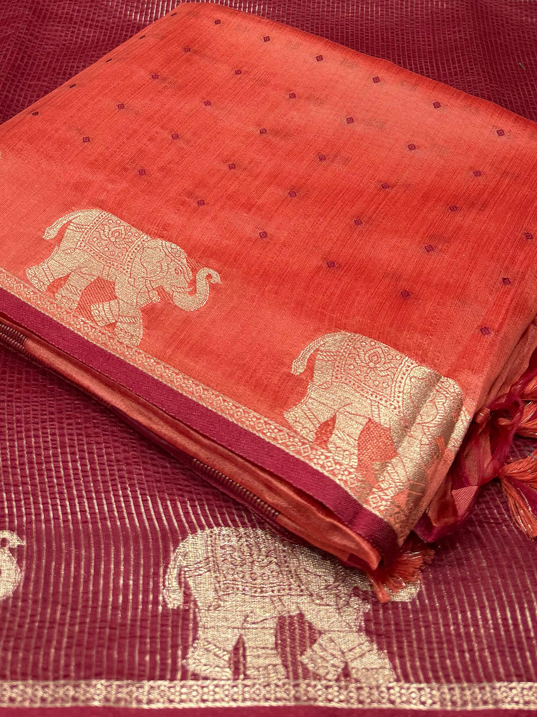 Peach Pure Silk Bandhani Butti Saree