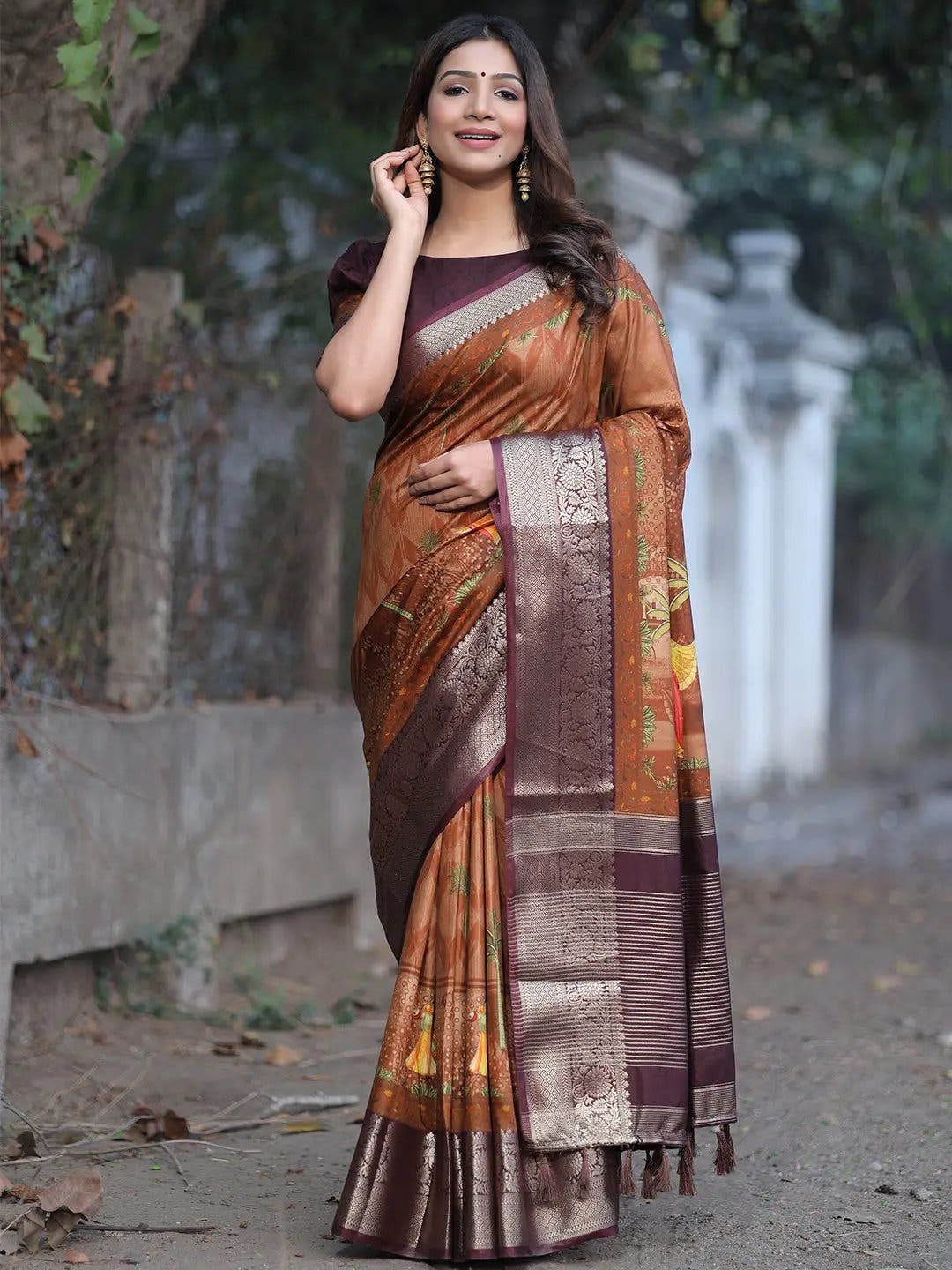  Coffee Brown Viscose Dola Silk Saree With Pichwai Print