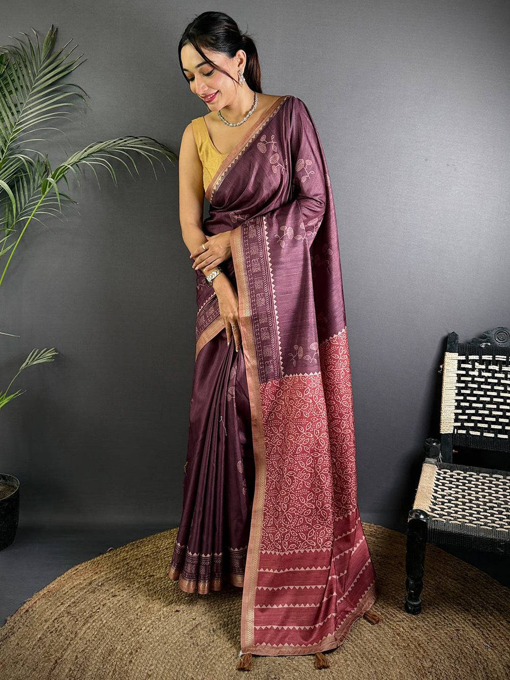 Tussar Ghicha Silk Bandhani Print Saree

