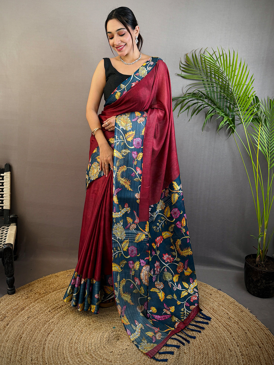 Red Linen Kalamkari Print Saree
