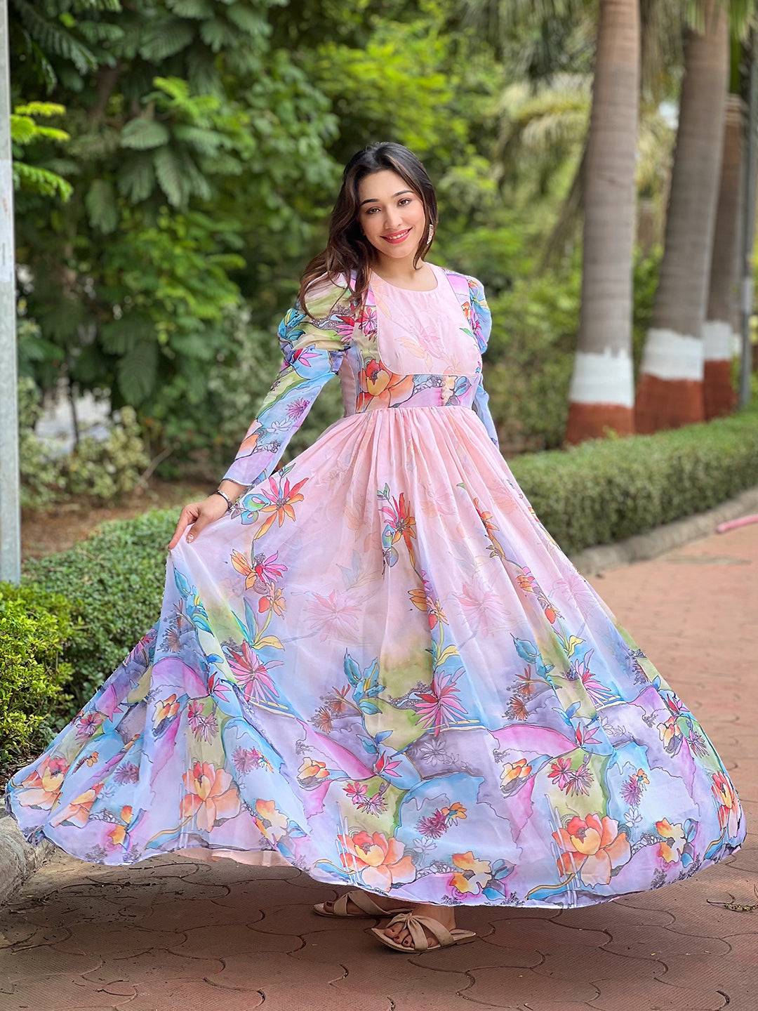 Chic floral print dress with vibrant colors and puff sleeves