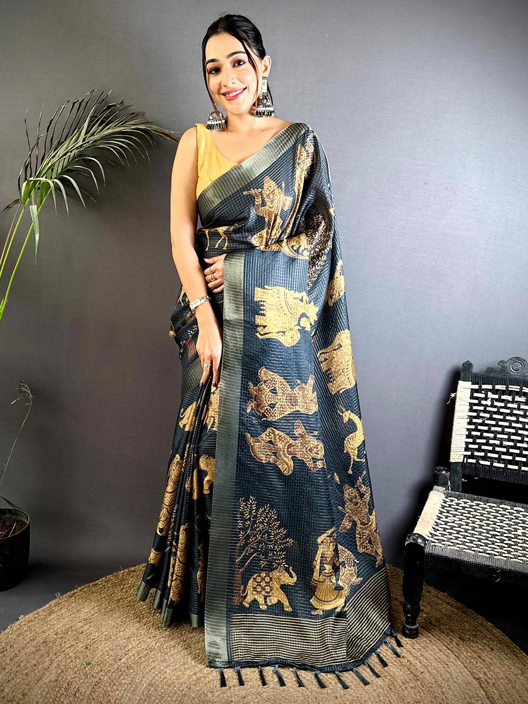 Kalamkari Block Print Black Tussar Saree