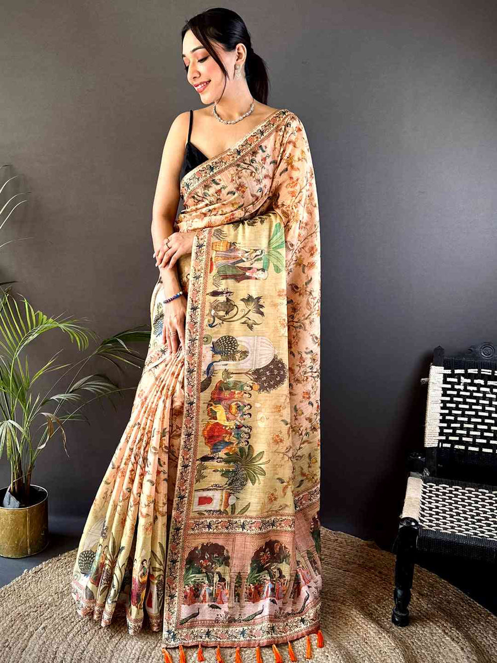 Peach Tussar Pashmina Kalamkari Saree