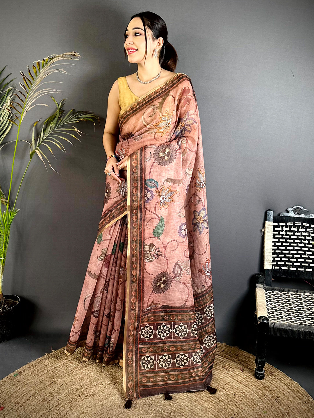 Royal Linen Tissue Ajrak Zari Saree
