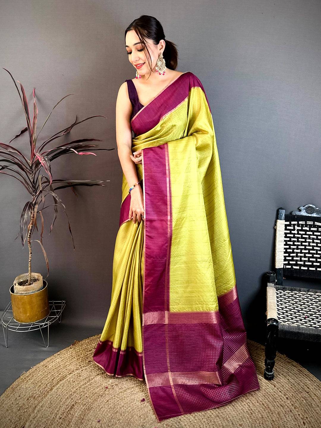 Neon Yellow Tussar Gold Zari 1000 Butti Saree