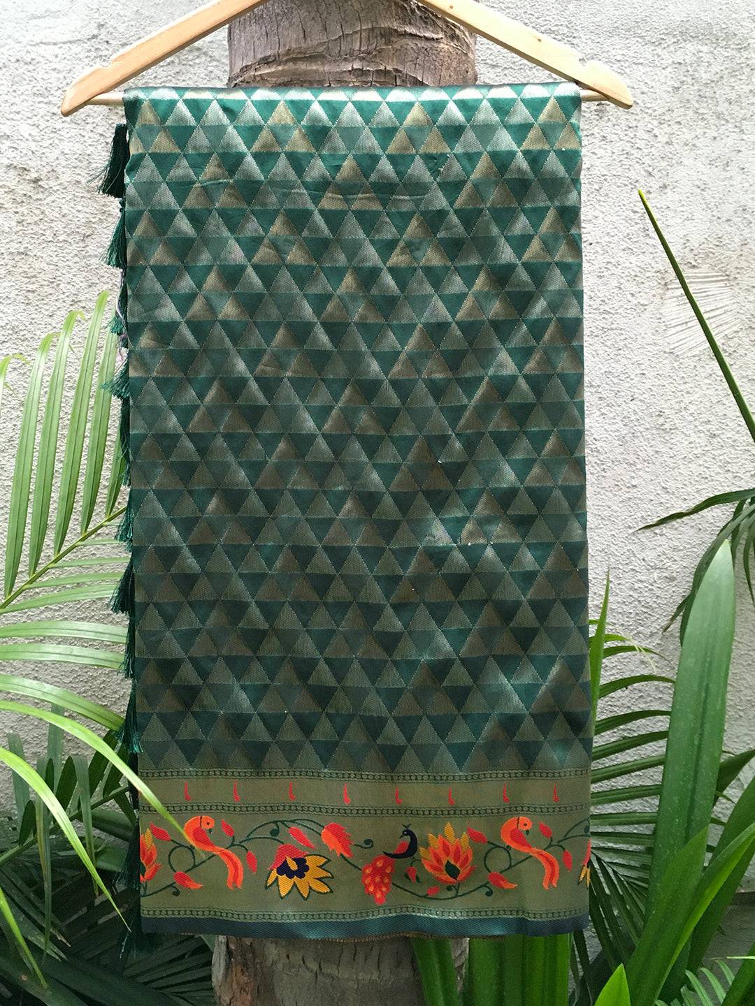 Green silk blend Paithani saree with woven zari work