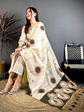 Stylish Beige Floral Cotton Dress