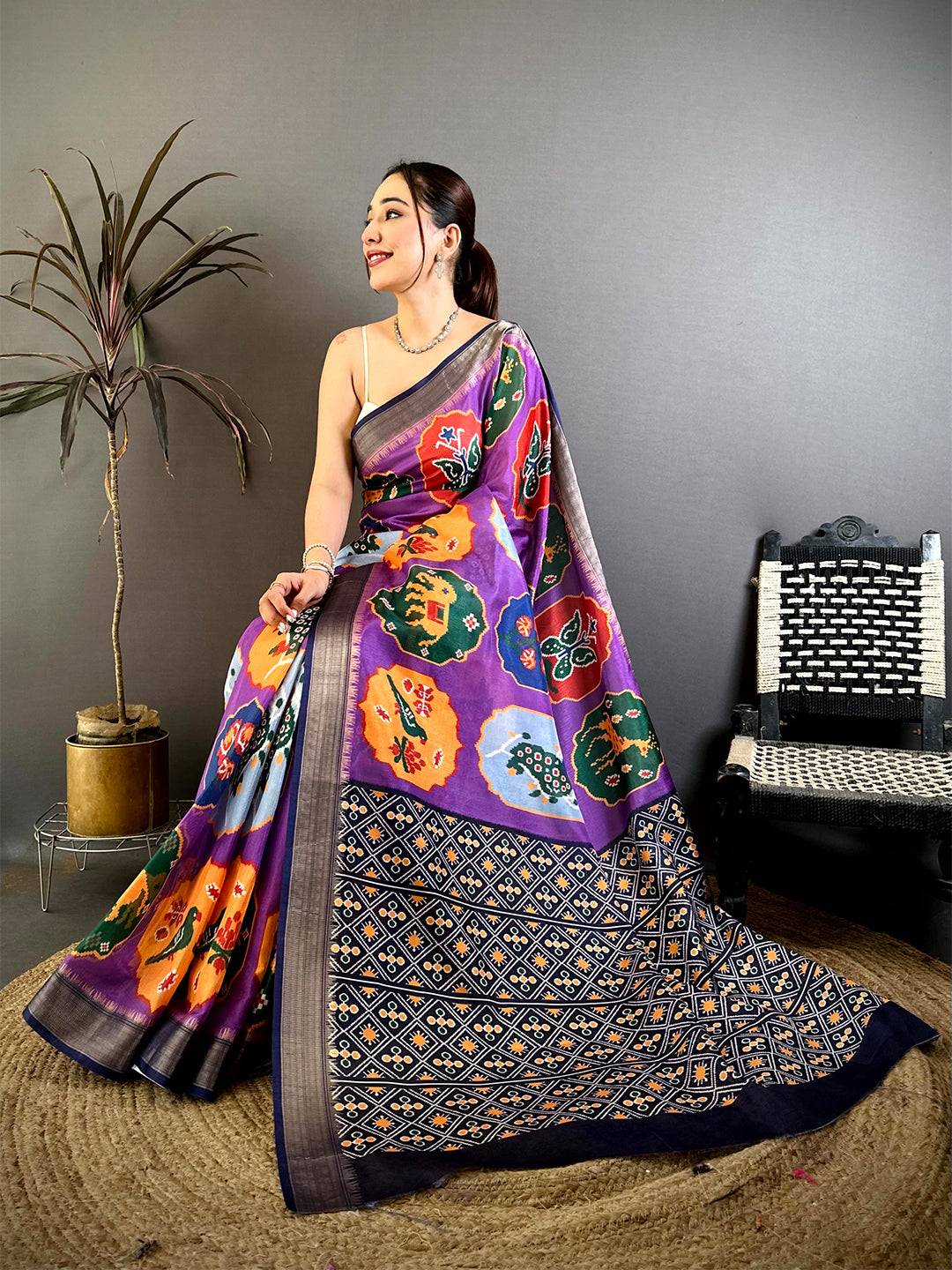 Purple Soft Dola Big Ikkat Minakari Print Saree