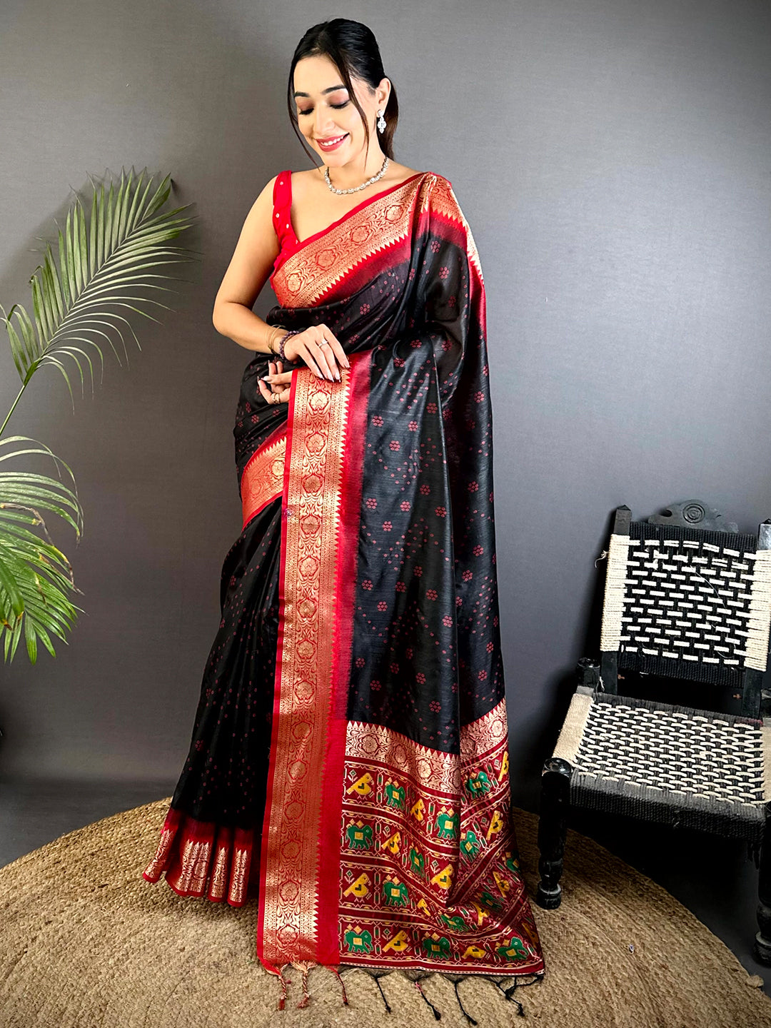 Black Bandhej Pochampally Raw Silk Saree