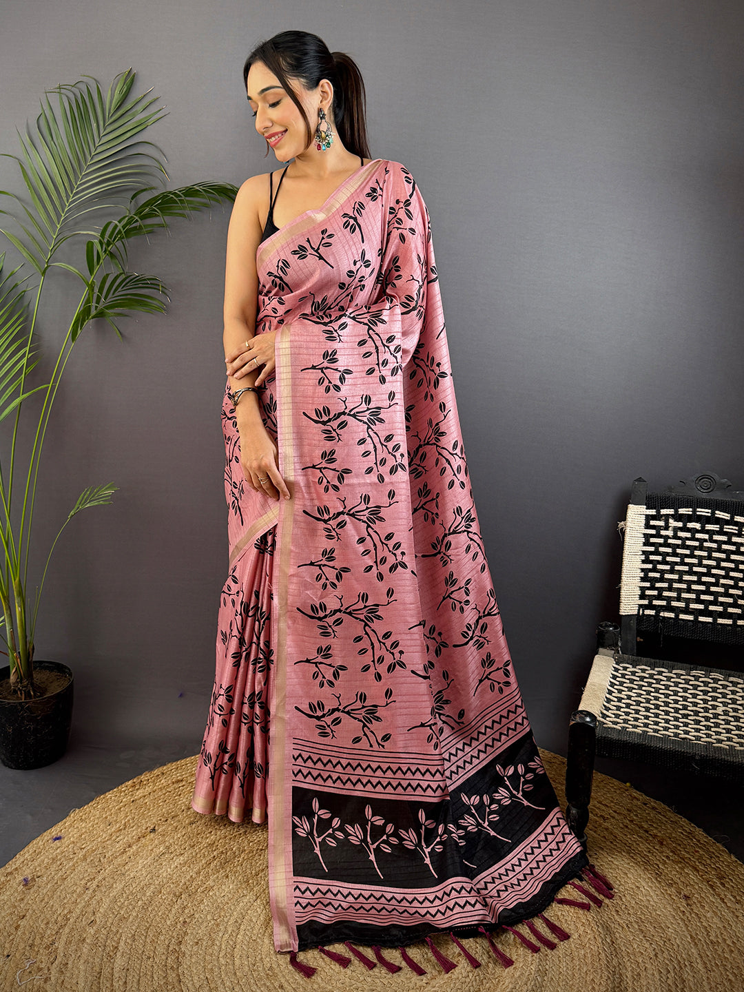 Rose Pink Ghicha Leaf Print Saree