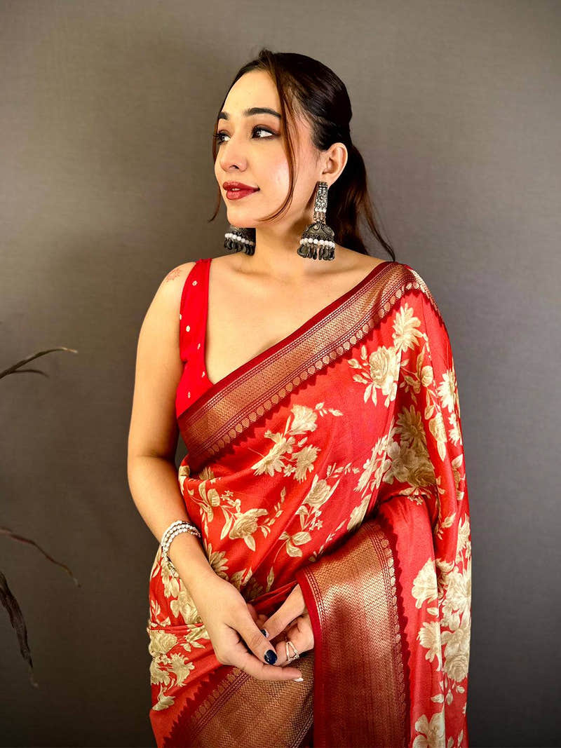 Coral Dola Big Floral Zari Kanchi Saree