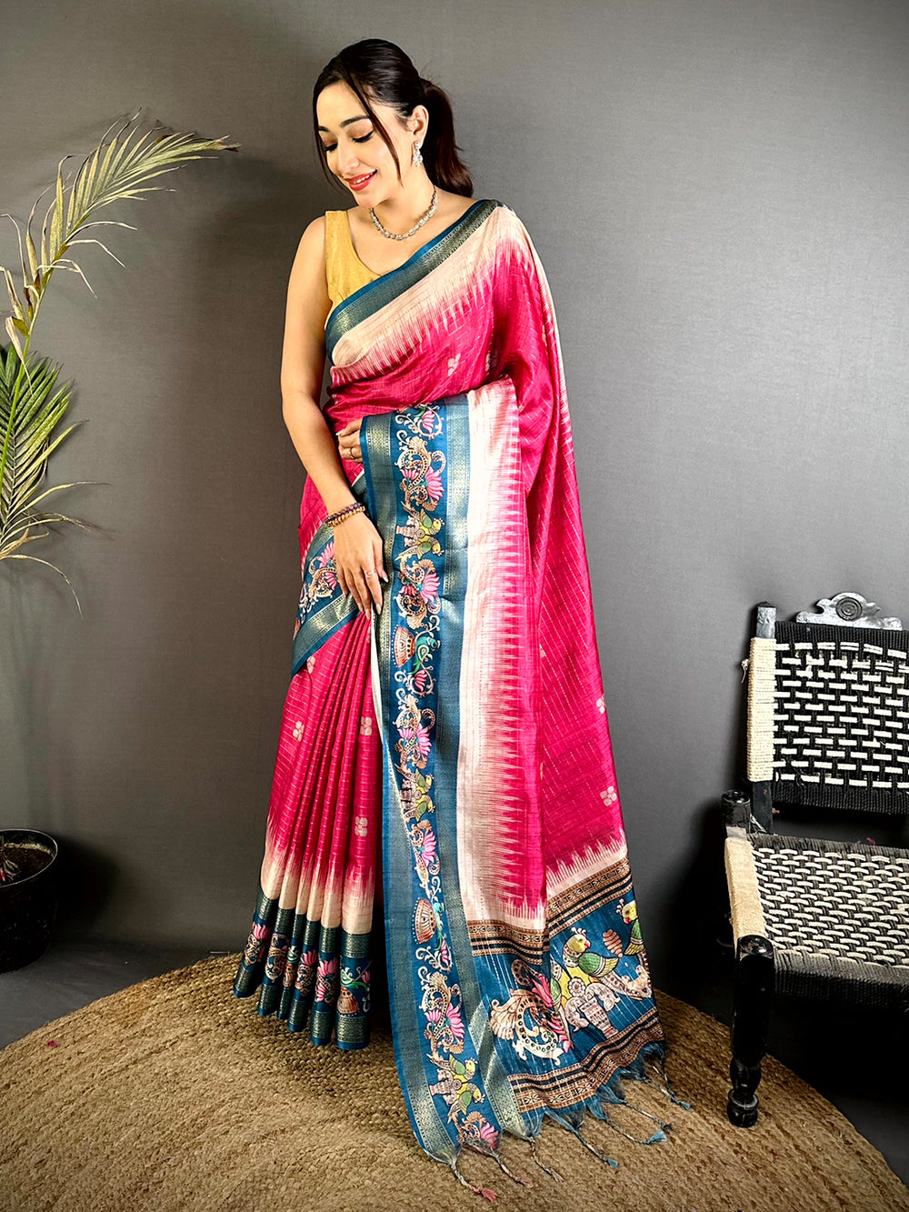 Pink Tanjore Art Semi Silk Saree